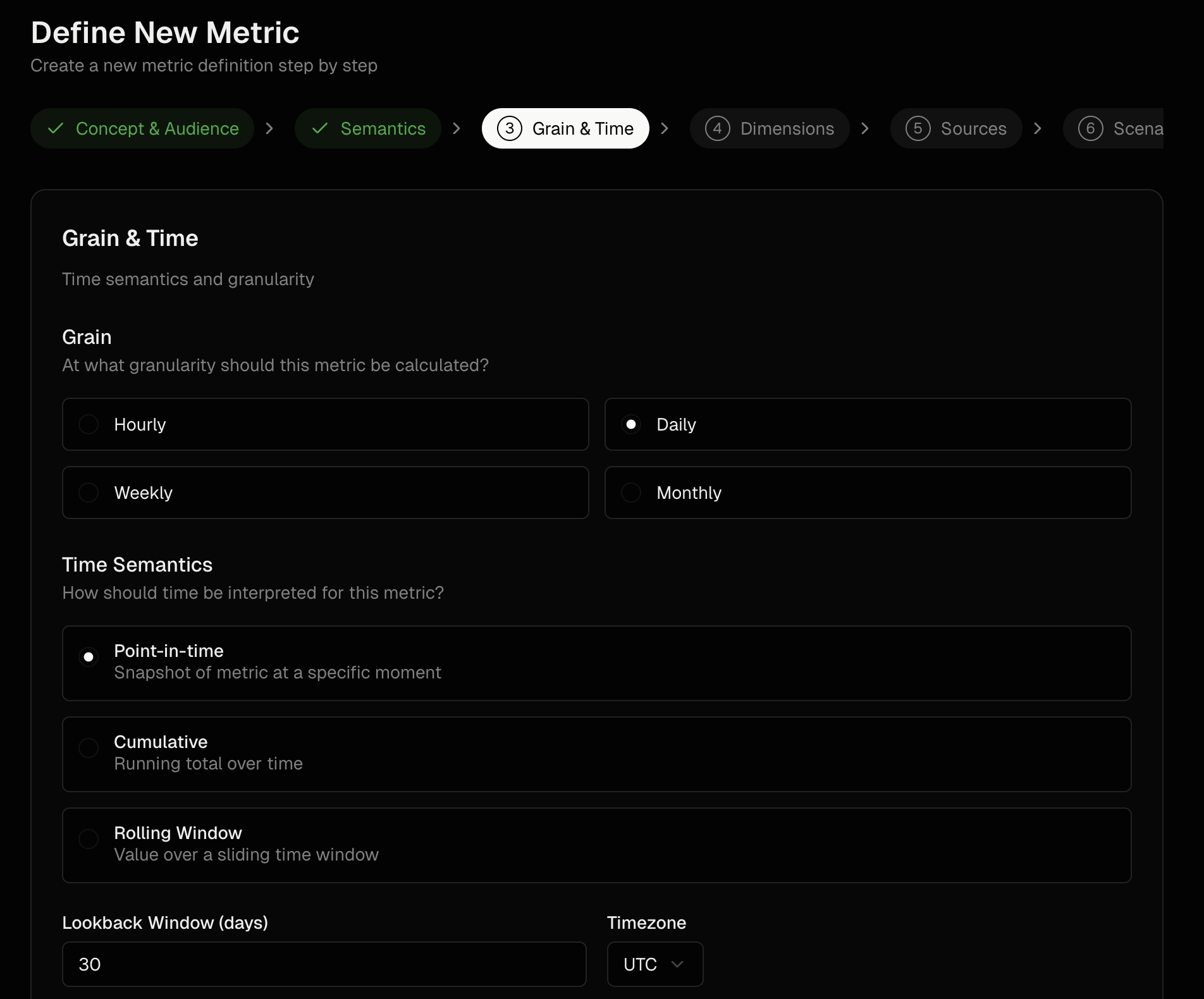 ClariLayer metric definition interface with step-by-step wizard